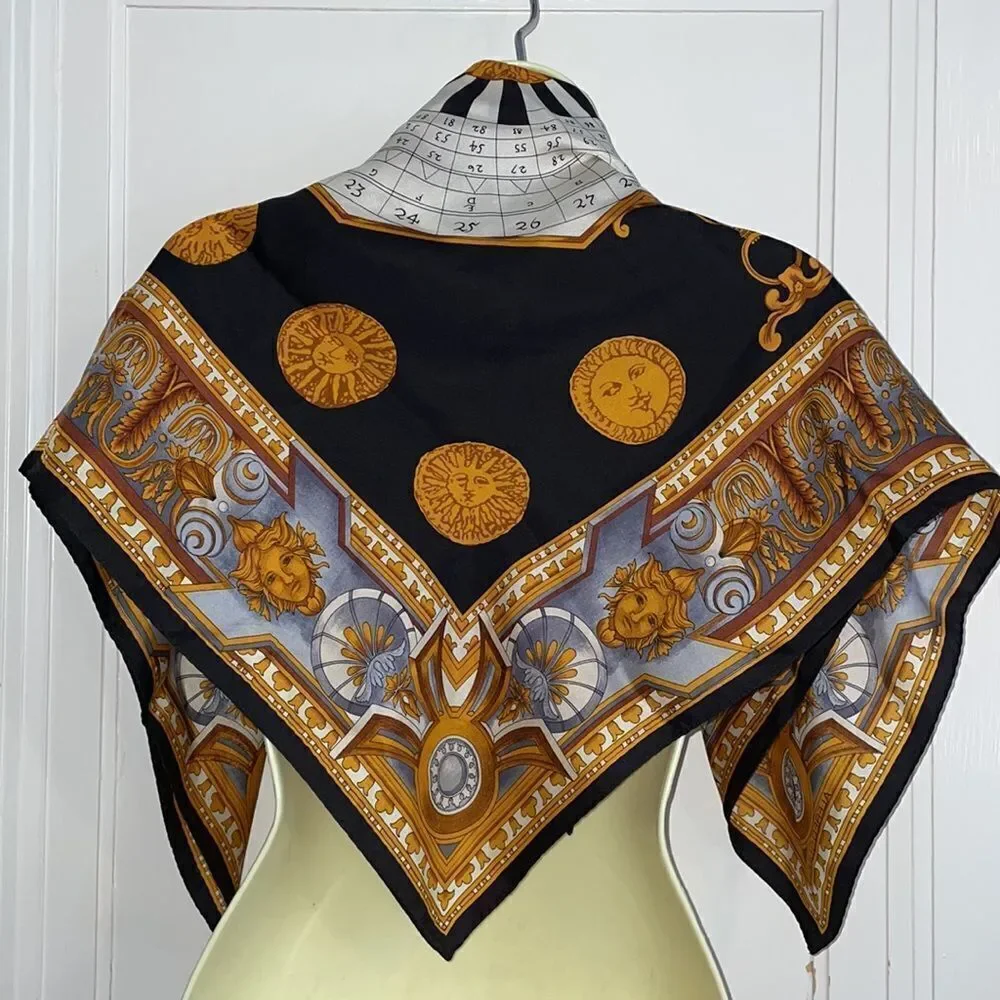 Vtg Alfred Sung black, gold, gray & white silk sun‎ astrology large square scarf